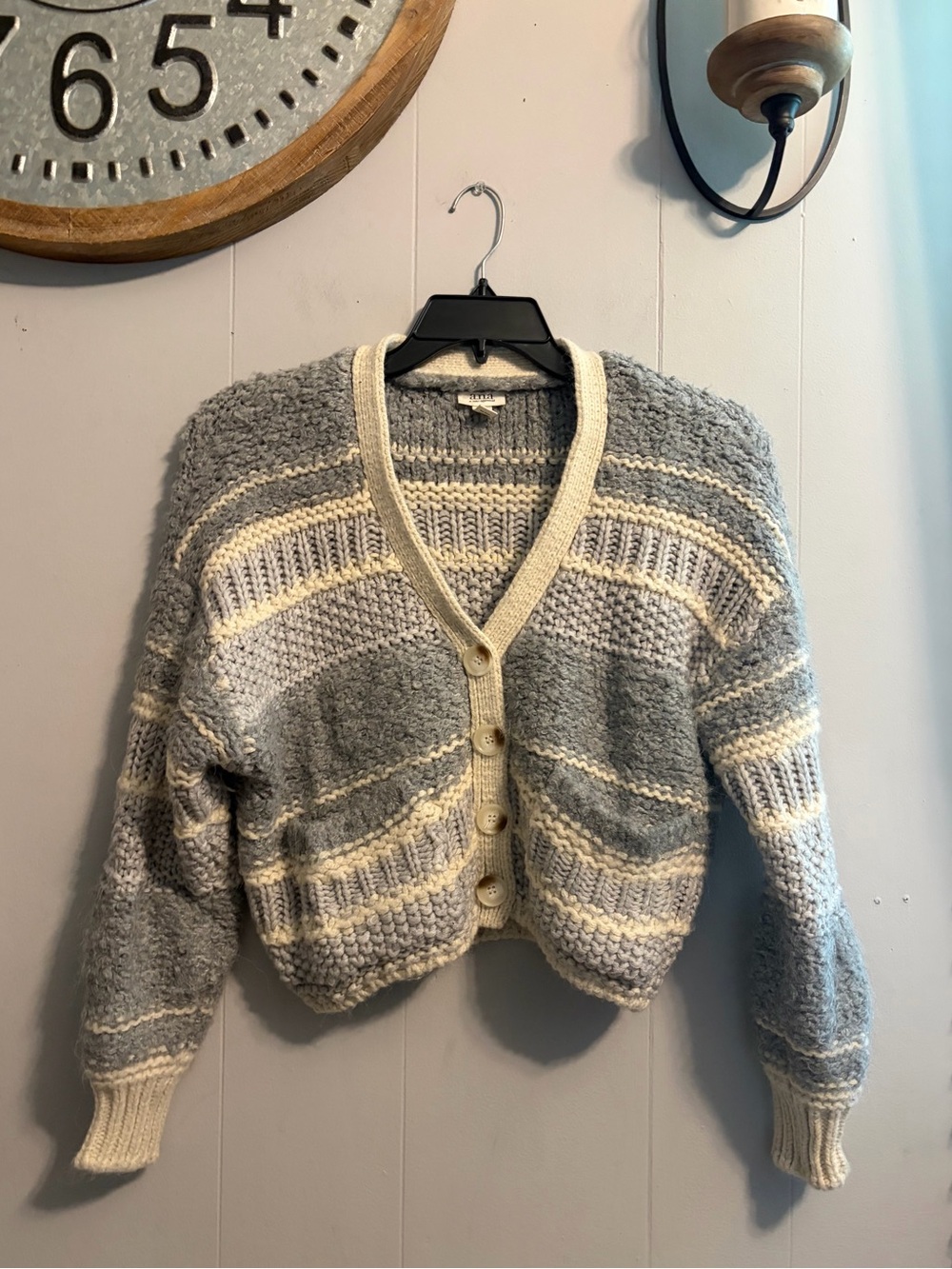 a.n.a Gray & Cream Striped Chunky V-Neck Cardigan